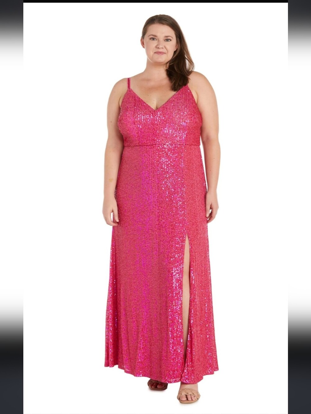 Morgan&Co Long Plus Size Fitted Prom GownPink Sequin V-Neck Spaghetti Strap Gown